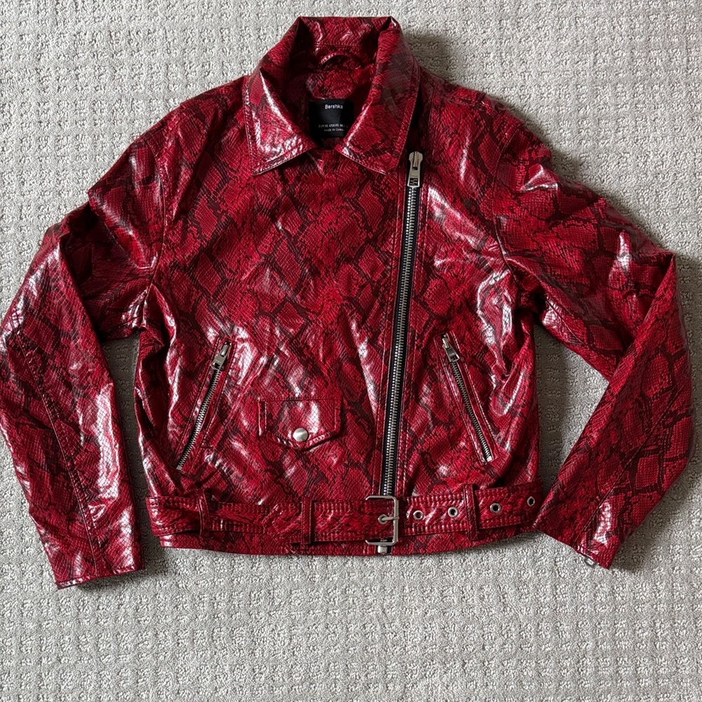 Bershka Red Snake-Print Faux Leather Moto Jacket